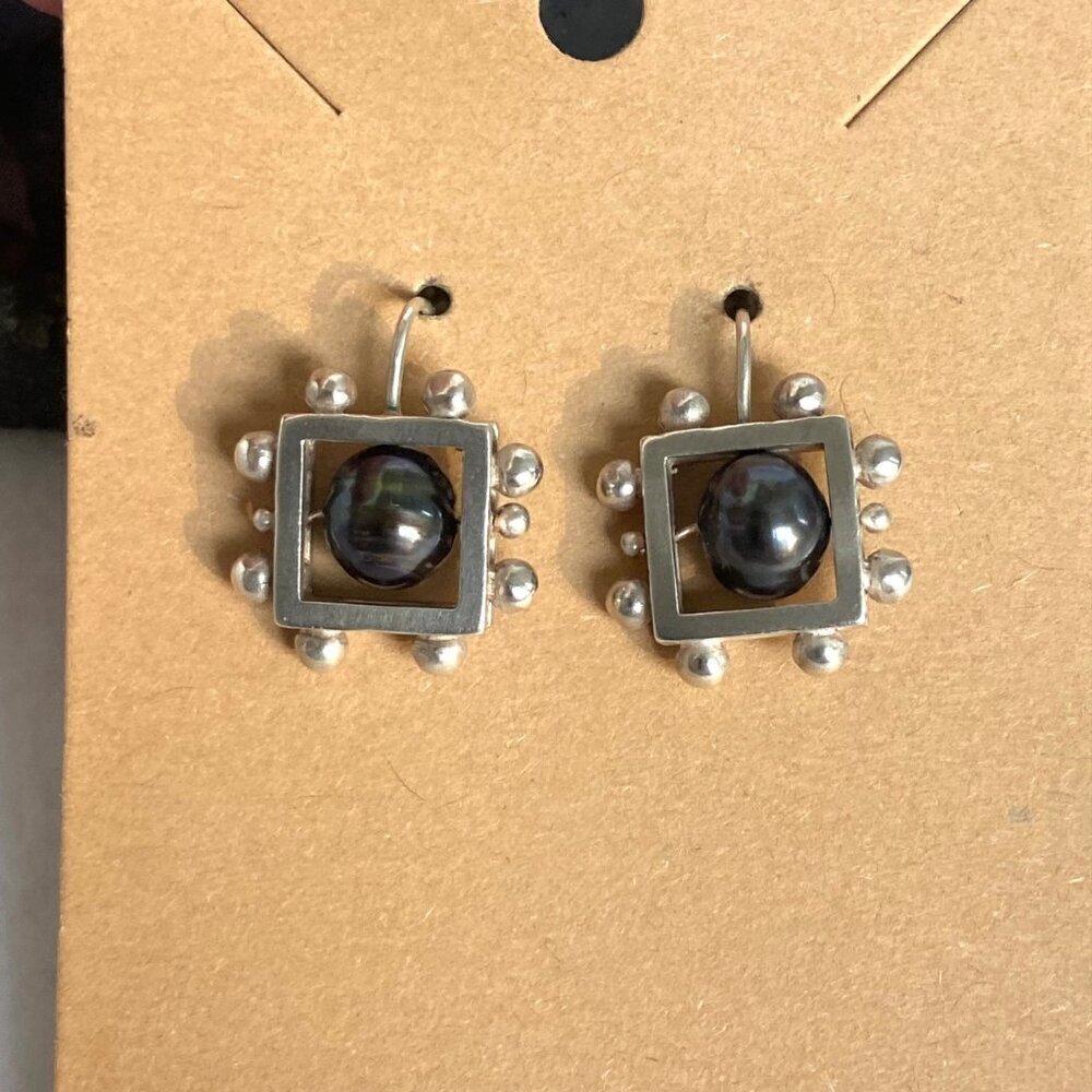 Sterling Silver 925 Modernist Style Square Freshwater Pearl Dangle Earrings
